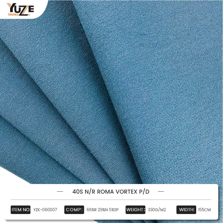 YZK-060007 40S N/R Roma Vortex P/D: A Rayon, Nylon és Spandex nagy teljesítményű keverékeinek kombinálása, a Vortex Vortex Spinning Technology kombinálása tartós és kényelmes divatos választást teremt.